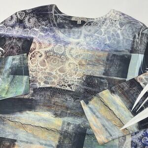 Jess and Jane Asymmetric Hem Top XL Blingy‎ Geometric Abstract Blouse Artsy Blue